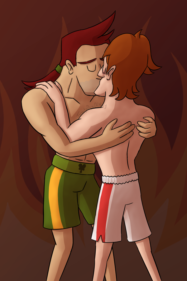 A drawing of Glass Joe and Aran Ryan kissing. Aran is holding Joe's bare back, Joe is holding Aran's bare shoulders, both are wearing only their boxing shorts, and are standing with their hips apart in front of a reddish-brown background, with a big faded flame behind them.