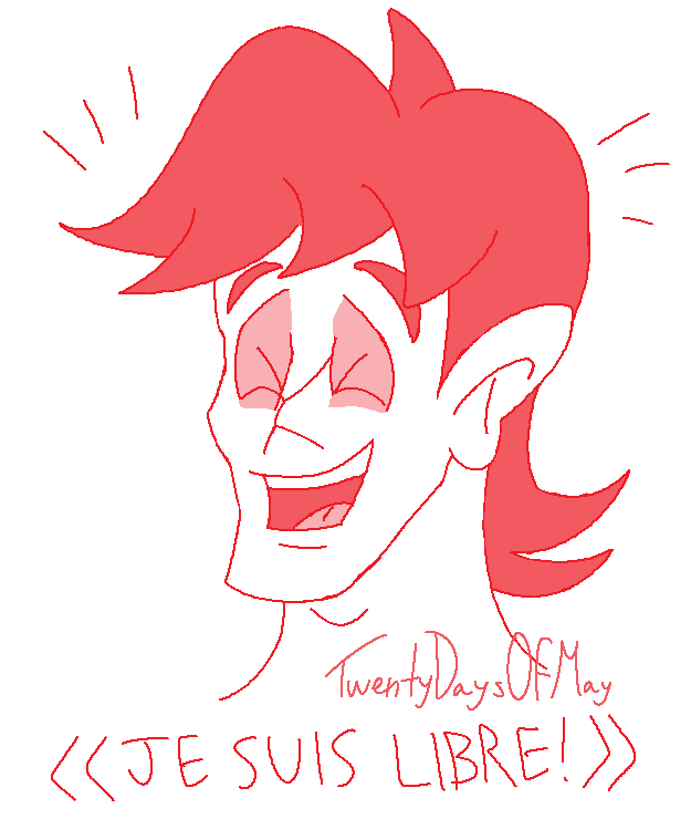 A drawing of a happy Glass Joe saying «Je suis libre!»