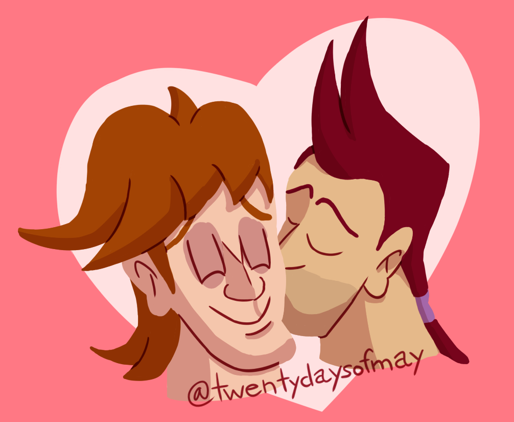 Two headshots, showing Aran kissing Joe on the left cheek. Joe is smiling in delight. Behind them is a big filled-in white heart on a pink background.