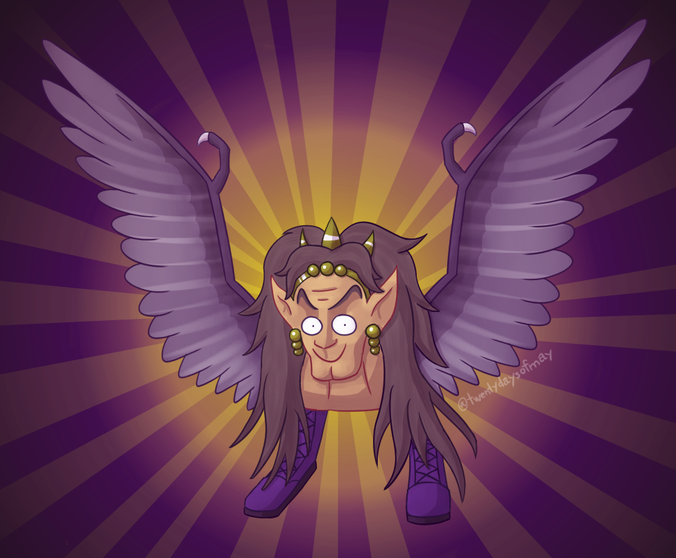 A drawing of an Aran Ryan-like creature, consisting only of a head, neck, boots, and large purple wings. Its face is exactly that same as his, but its hair is longer, not tied into a ponytail, and purple. It's also wearing a golden crown and earrings. Behind it is a large yellow glow over a purple backdrop, with dozens of rays coming out of its center.