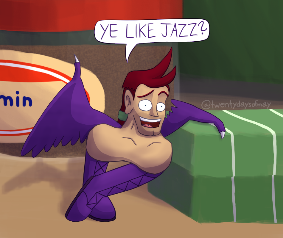 A drawing of an Aran Ryan-like creature, consisting only of his head, neck, boots, and purple wings, asking 'Ye like jazz?'. He (and the background) is imitating a still frame of Barry B. Benson from the Bee Movie where the character says 'You like Jazz?'.